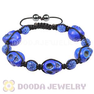 Skull Head Inspired Mens String Bracelets with Pave Blue Czech Crystal and Hemitite 