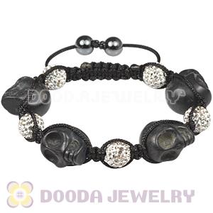 Black Skull Head Inspired String Bracelets with Pave White Czech Crystal and Hemitite 