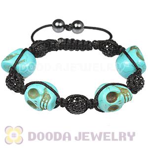 Turquoise Skull Head Inspired String Bracelets with Pave Czech Crystal and Hemitite 