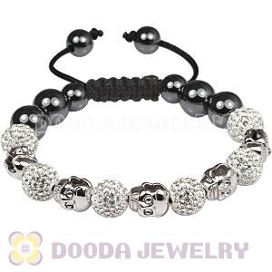 Sterling Silver Skull Head Beads String Bracelets with Pave Czech Crystal and Hematite 