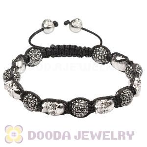 Sterling Silver Skull Head Beads Mens String Bracelet With Pave Crystal Bead
