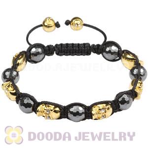 Gold Plated Silver Skull Head Beads Mens String Bracelet With Faceted Hematite