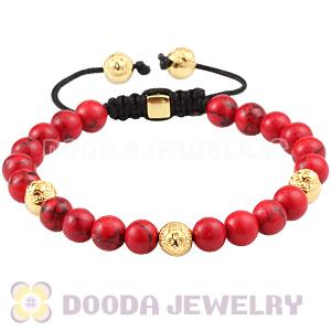 8mm Red Coral Bead Men Macrame Bracelet With Skull Head Bead