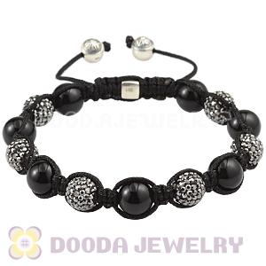 10mm Black Agate Men Macrame Bracelet With Pave Crystal Bead And Silver Bead