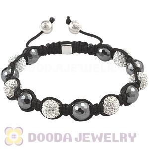 Faceted Hematite Men Macrame Bracelet With Pave Crystal Bead And Silver Bead