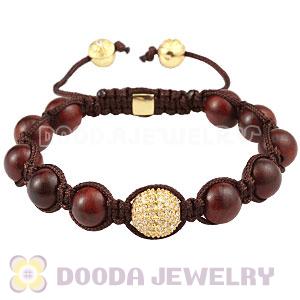 Lobular Annatto Wood Bead Macrame Bracelet With Silver Pave Crystal Bead