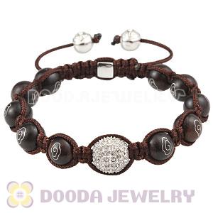 Red Sandal Wood Bead Macrame Bracelet With Silver Pave Crystal Bead