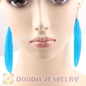 Natural Blue Rooster Feather Earrings With Alloy Fishhook Wholesale