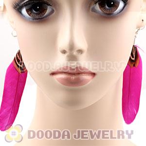 Natural Magenta And Grizzly Rooster Feather Earrings With Alloy Fishhook Wholesale