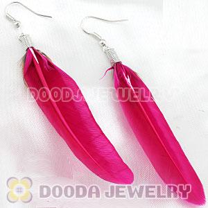 Natural Magenta And Grizzly Rooster Feather Earrings With Alloy Fishhook Wholesale