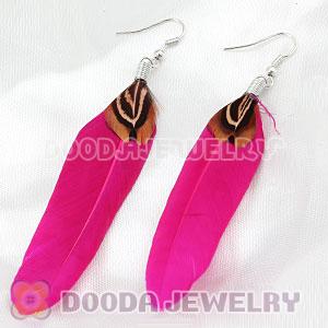 Natural Magenta And Grizzly Rooster Feather Earrings With Alloy Fishhook Wholesale