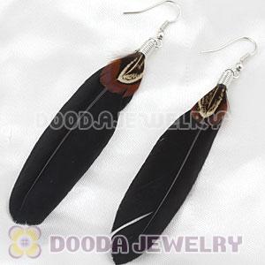 Natural Black And Grizzly Rooster Feather Earrings With Alloy Fishhook Wholesale