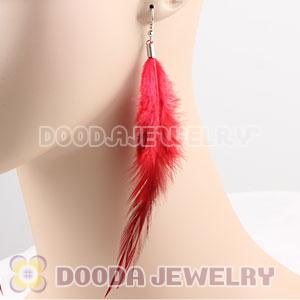 Red Handmade Rooster Feather Earrings With Alloy Fishhook Wholesale
