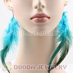 Fashion Long Blue Rooster Feather Earrings With Alloy Fishhook Wholesale