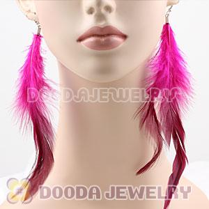 Fashion Long Magenta Rooster Feather Earrings With Alloy Fishhook Wholesale