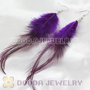 Fashion Long Purple Rooster Feather Earrings With Alloy Fishhook Wholesale
