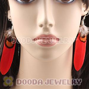 Fashion Red And Grizzly Feather Earrings With Alloy Fishhook Wholesale