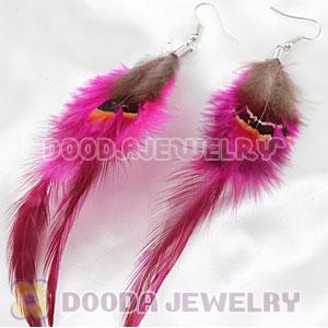 Cheap Long Magenta And Grizzly Feather Earrings With Alloy Fishhook Wholesale
