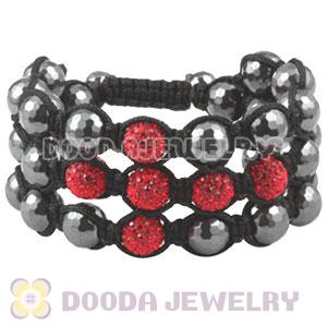 3 Row Red Czech Crystal Cross Inspired String Bracelet With Faceted Hematite Beads