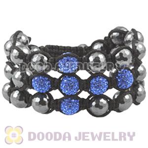 3 Row Blue Czech Crystal Cross Inspired String Bracelet With Faceted Hematite Beads