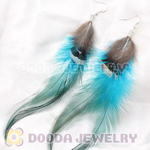 Cheap Long Blue And Grizzly Feather Earrings With Alloy Fishhook Wholesale