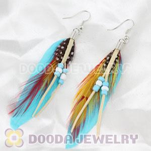 Cheap Tibetan Jaderic Indian Styles Blue Feather Earrings Adorned With Mix Bead 
