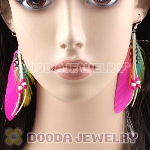 Cheap Tibetan Jaderic Indian Styles Fushia Feather Earrings Adorned With Mix Bead 