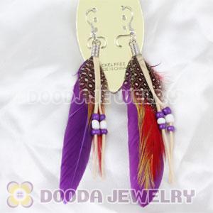 Cheap Tibetan Jaderic Indian Styles Purple Feather Earrings Adorned With Mix Bead 