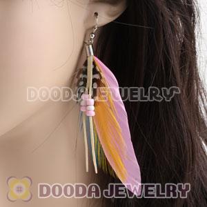 Cheap Tibetan Jaderic Indian Styles Pink Feather Earrings Adorned With Mix Bead 