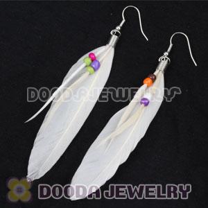 Cheap Dangling White Feather Earrings Enhanced By Decorated Bead 