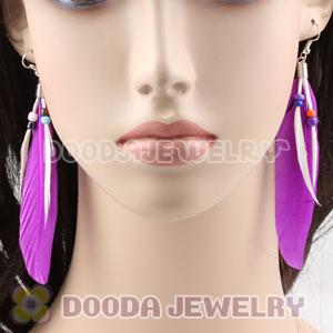 Cheap Dangling Purple Feather Earrings Enhanced By Decorated Bead 