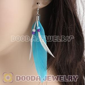 Cheap Dangling Blue Feather Earrings Enhanced By Decorated Bead 