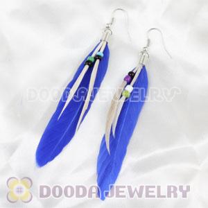 Cheap Dangling Navy Feather Earrings Enhanced By Decorated Bead 