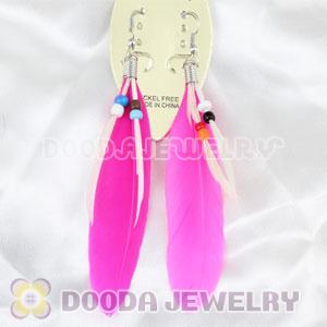 Cheap Dangling Magenta Feather Earrings Enhanced By Decorated Bead 
