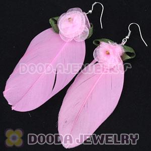 Wholesale Pink Tibetan Jaderic Bohemia Styles Silk Flower Feather Earrings
