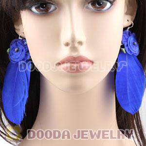 Wholesale Navy Tibetan Jaderic Bohemia Styles Silk Flower Feather Earrings