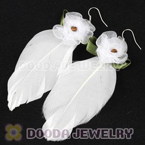 Wholesale White Tibetan Jaderic Bohemia Styles Silk Flower Feather Earrings