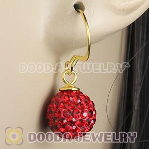 10mm Red Czech Crystal Ball Gold Plated Sterling Silver Hook Earrings