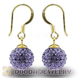 10mm Purple Czech Crystal Ball Gold Plated Sterling Silver Hook Earrings