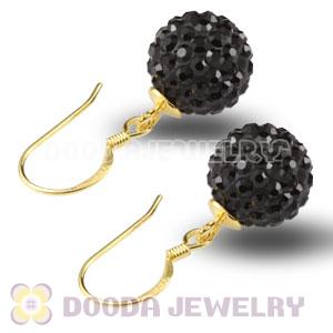 10mm Black Czech Crystal Ball Gold Plated Sterling Silver Hook Earrings