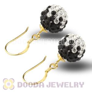 10mm Black-White Czech Crystal Ball Gold Plated Sterling Silver Hook Earrings