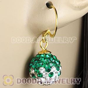 10mm Green-White Czech Crystal Ball Gold Plated Sterling Silver Hook Earrings