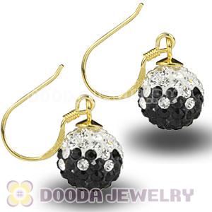 10mm Black-White Czech Crystal Ball Gold Plated Sterling Silver Hook Earrings