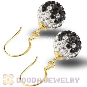 10mm Black-White Czech Crystal Ball Gold Plated Sterling Silver Hook Earrings