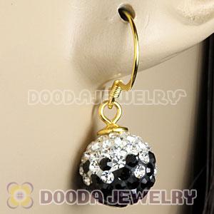 10mm Black-White Czech Crystal Ball Gold Plated Sterling Silver Hook Earrings