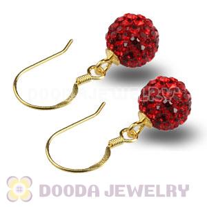 8mm Red Czech Crystal Ball Gold Plated Sterling Silver Hook Earrings