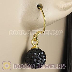 8mm Black Czech Crystal Ball Gold Plated Sterling Silver Hook Earrings