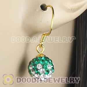 8mm Green-White Czech Crystal Ball Gold Plated Sterling Silver Hook Earrings