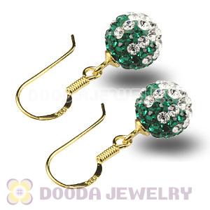 8mm Green-White Czech Crystal Ball Gold Plated Sterling Silver Hook Earrings