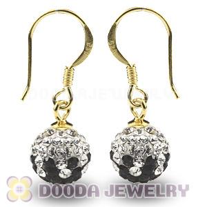 8mm Black-White Czech Crystal Ball Gold Plated Sterling Silver Hook Earrings